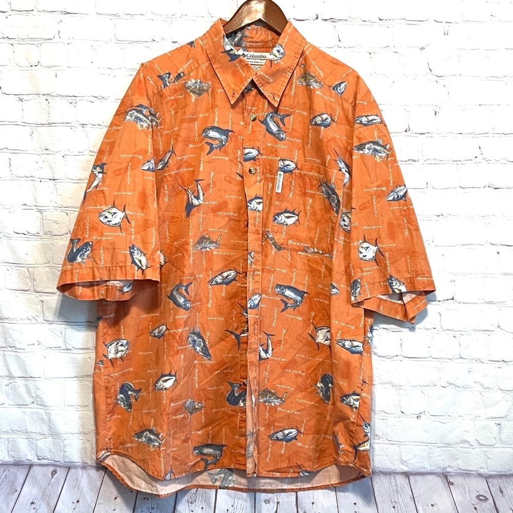 Columbia Mens XL Orange  Button Shirt With snook Pompano bluefish